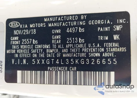 2019 Kia Optima S from USA, damaged, VIN 5XXGT4L35KG326655